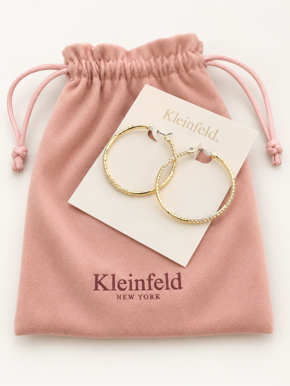 Kleinfeld New York Gold Tone Crystal Hoop Earrings NWT Bridal Gift Pouch $75!